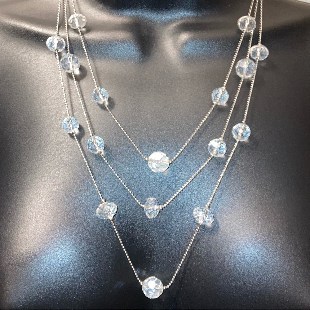 American Eagle Faceted Crystal Silver Long Layered Necklace Statement Jewelry - Picture 3 of 15
